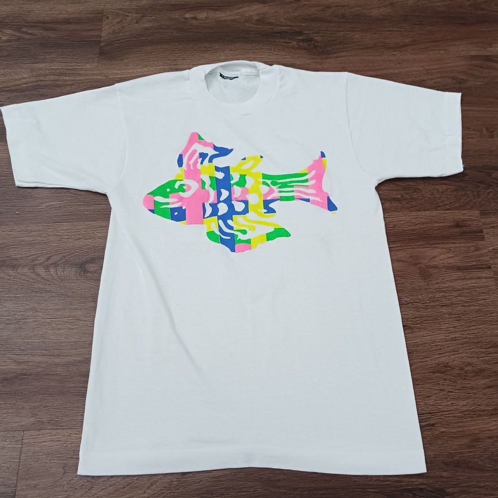 Vintage Style Abstract Fish Puff Print T-Shirt White Single Stitch Small